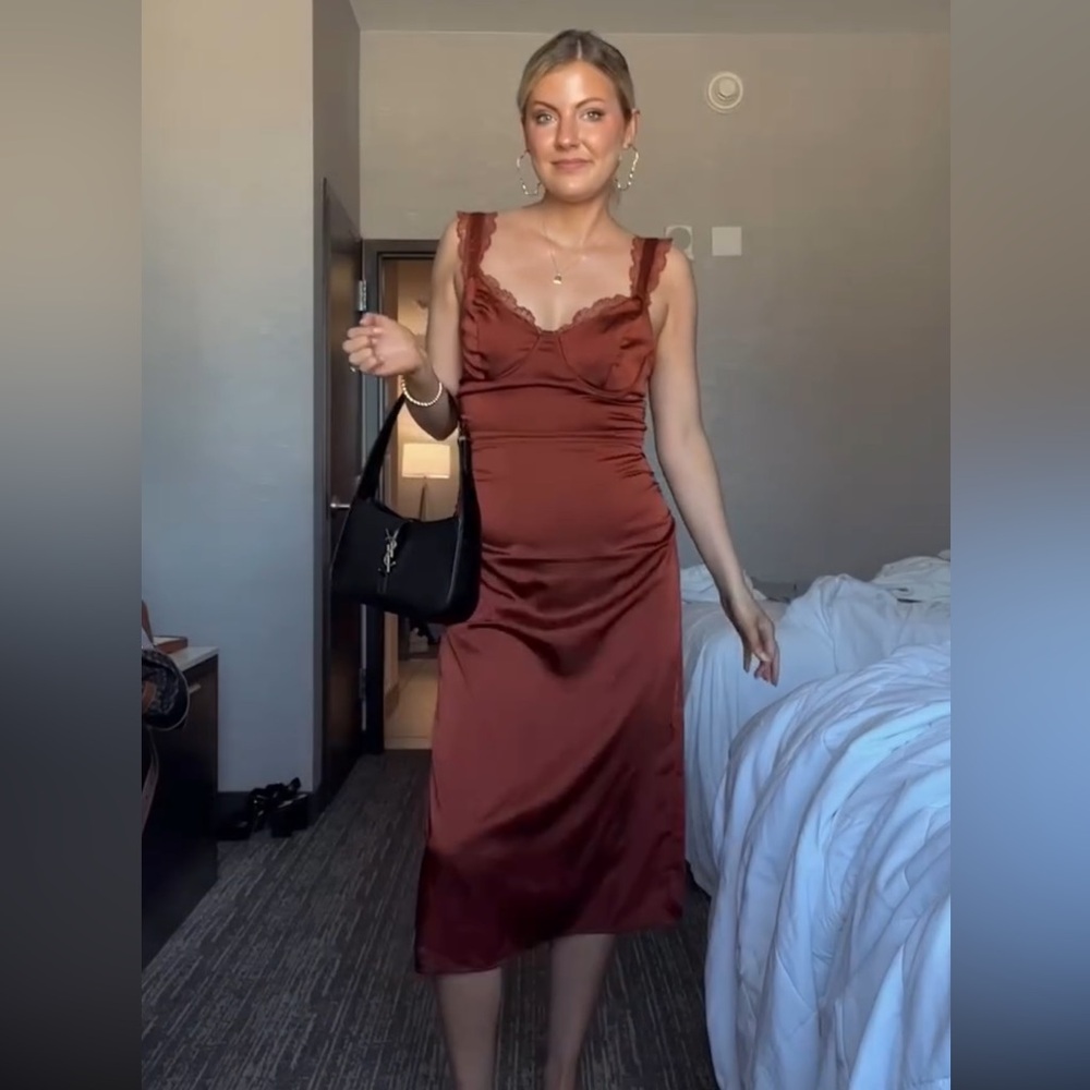 ASTR the Label — Burnt Orange Silk Slip Midi Dress — Size M